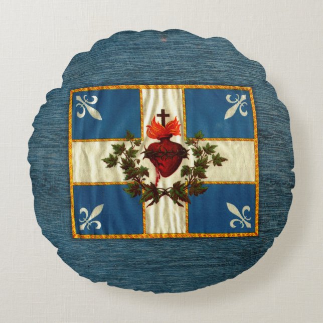 Antique Quebec Flag Sacred Heart Carillon Round Cushion (Front)