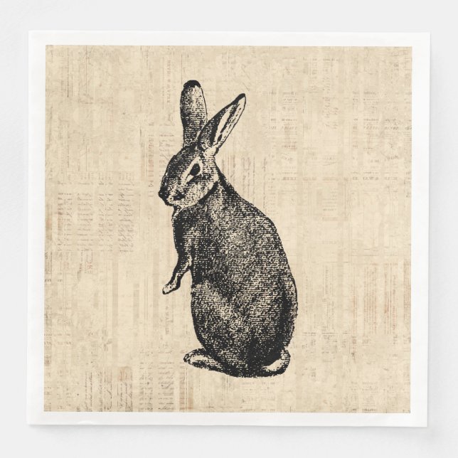 Antique Rabbit Illustration Bunny Art with Script Napkin (Front)