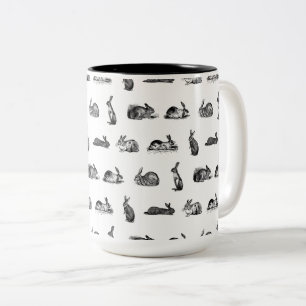 Antique Rabbits Vintage Bunny Art CUSTOM BG COLOR Two-Tone Coffee Mug