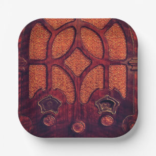 Antique radio wood art deco cathedral  brown  paper plate