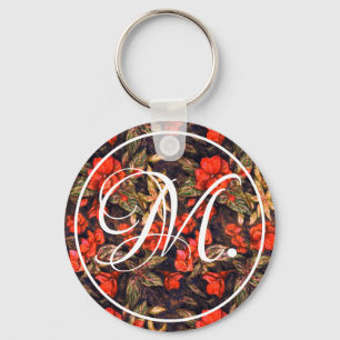 Antique Red Balsam Flowers & Monogram Key Ring