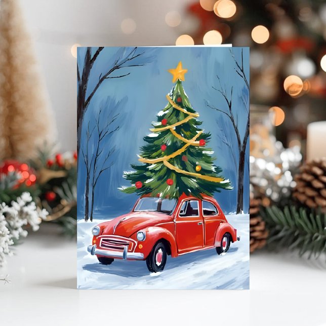 Antique Red Car Christmas Tree Holiday Card (Creator Uploaded)