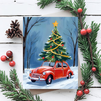 Antique Red Car Christmas Tree Holiday Card