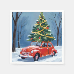 Antique Red Car Christmas Tree Holiday Napkin