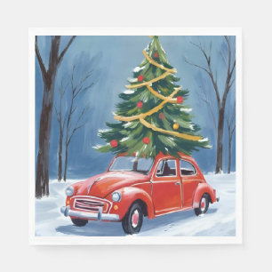 Antique Red Car Christmas Tree Holiday Napkin