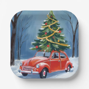 Antique Red Car Christmas Tree Holiday Paper Plate