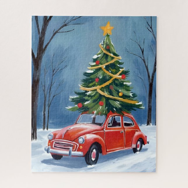 Antique Red Car Christmas Tree Jigsaw Puzzle (Vertical)