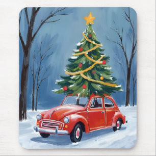 Antique Red Car Christmas Tree Mouse Mat