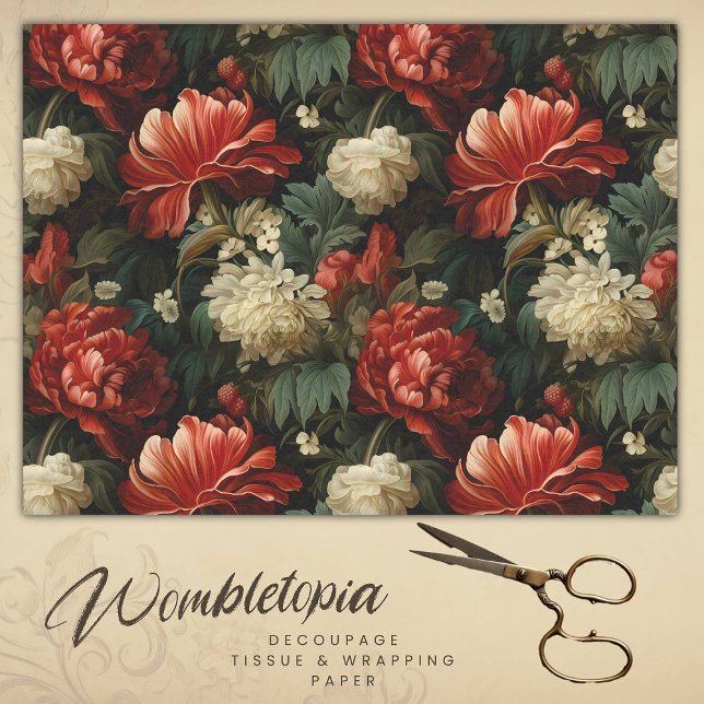 Antique Red & Cream Floral  Decoupage Tissue Paper (Creator Uploaded)