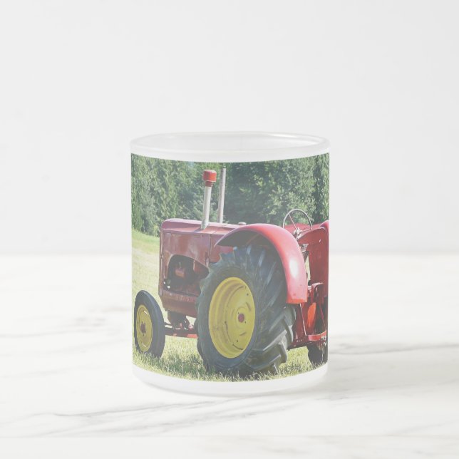Antique Red Farm Tractor Frosted Glass Coffee Mug (Center)