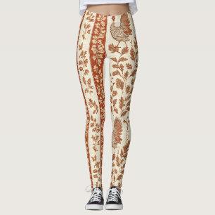 Antique Red Farmhouse Hen Botanical Pattern Leggings