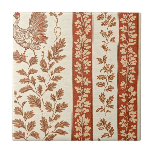 Antique Red Farmhouse Hen Botanical Pattern Tile (Front)