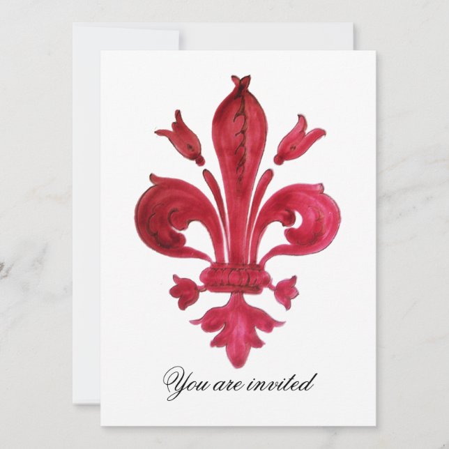 ANTIQUE RED FLEUR DE LIS Damask Gem Monogram Invitation (Front)