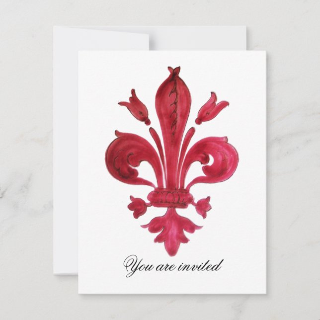 ANTIQUE RED FLEUR DE LIS Damask Gem Monogram Invitation (Front)