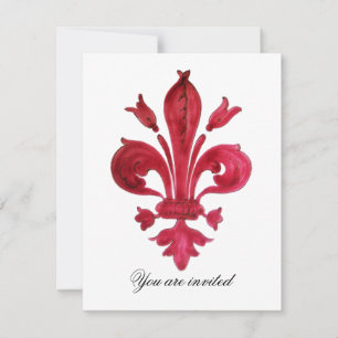 ANTIQUE RED FLEUR DE LIS Damask Gem Monogram Invitation