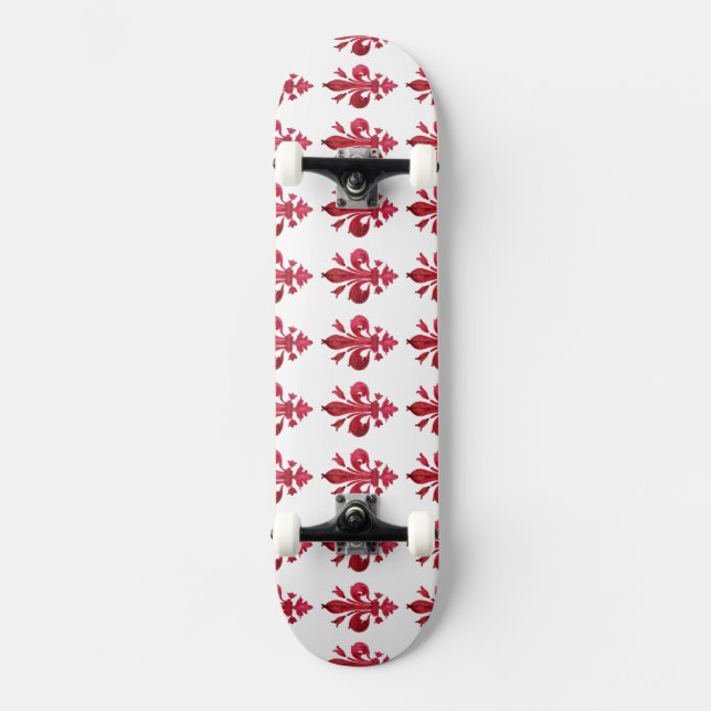ANTIQUE RED FLEUR DE LIS IN WHITE Floral Pattern Skateboard (Front)