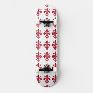 ANTIQUE RED FLEUR DE LIS IN WHITE Floral Pattern Skateboard