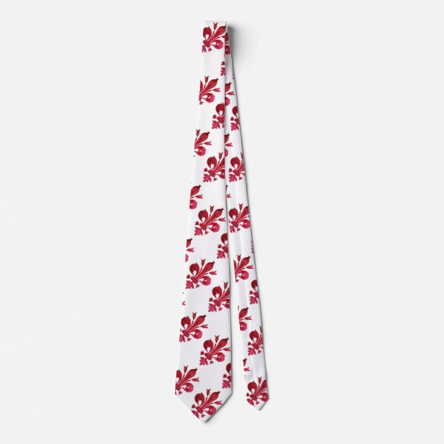 ANTIQUE RED FLEUR DE LIS IN WHITE Floral Pattern Tie (Front)