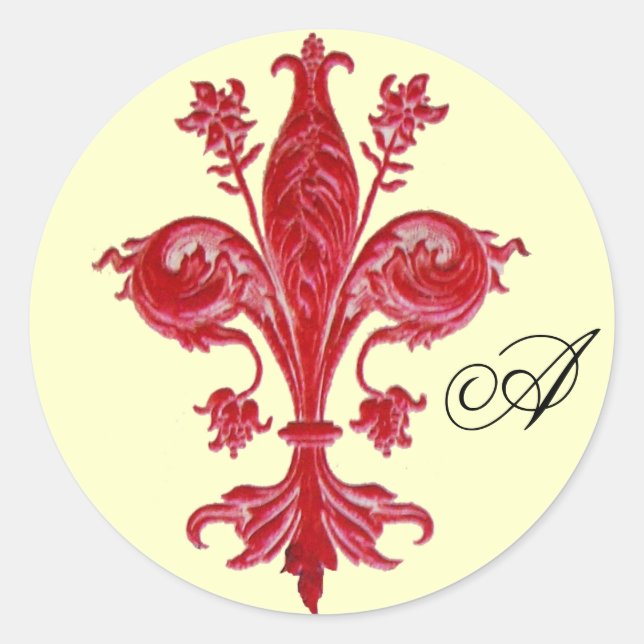 ANTIQUE RED FLEUR DE LISE MONOGRAM ,Cream Classic Round Sticker (Front)