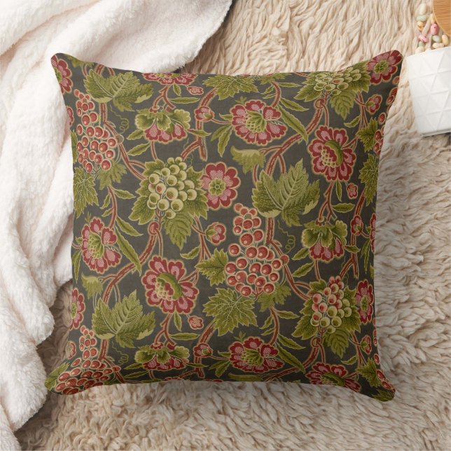 Antique Red Floral and Grapes Botanical Pattern Cushion (Blanket)