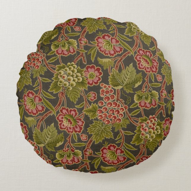 Antique Red Floral and Grapes Botanical Pattern Round Cushion (Front)
