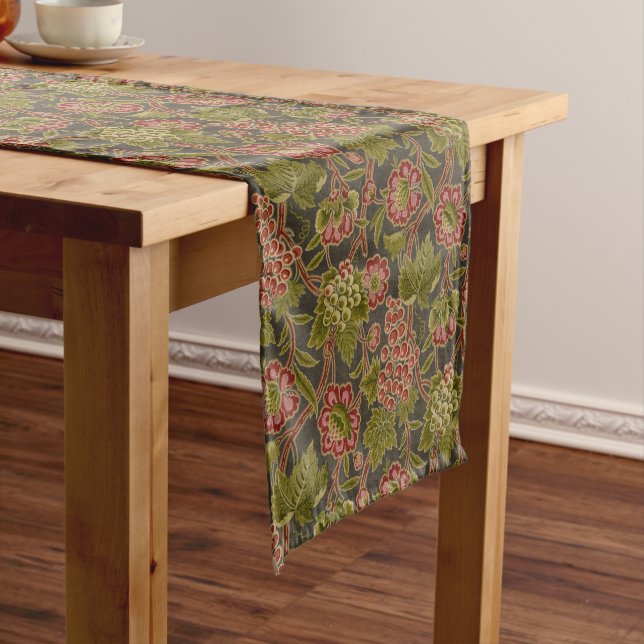 Antique Red Floral and Grapes Botanical Pattern Short Table Runner (In Situ)