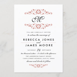 Antique Red Flourish Monogram Wedding Invitation