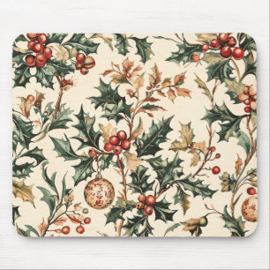 Antique Red Green Holly Bronze Ornament Winter Mouse Mat