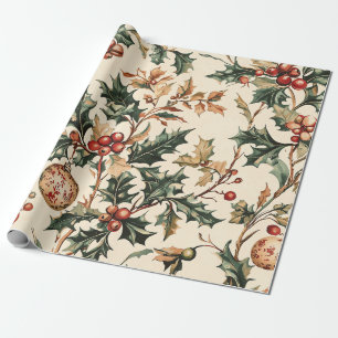Antique Red Green Holly Bronze Ornament Winter Wrapping Paper