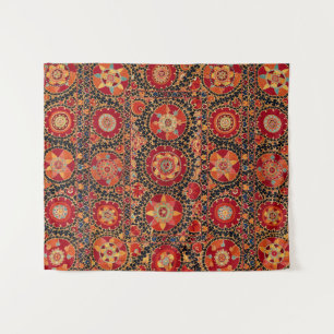 ANTIQUE RED ORANGE WHITE FLORAL UZBEK EMBROIDERY  TAPESTRY