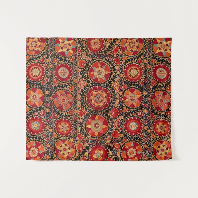 ANTIQUE RED ORANGE WHITE FLORAL UZBEK EMBROIDERY  TAPESTRY (Front (Horizontal))