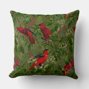 Antique Red Parrot Floral Jungle Pattern Cushion