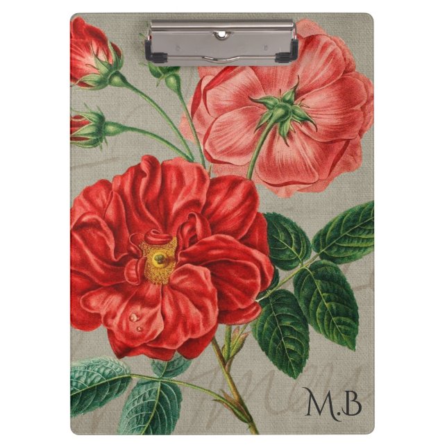 Antique Red Rose Art on Grey Clipboard (Front)