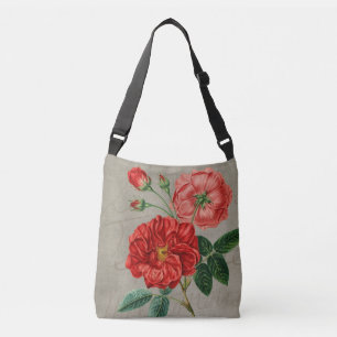 Antique Red Rose Art on Grey Crossbody Bag
