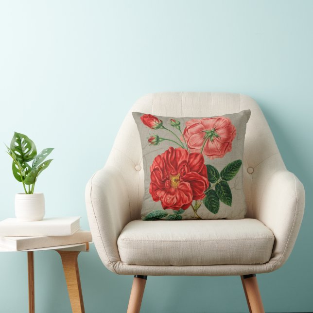 Antique Red Rose Art on Grey Cushion (Chair)