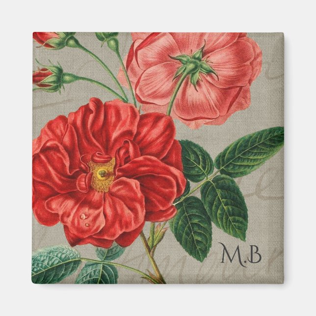 Antique Red Rose Art on Grey Monogram Magnet (Front)