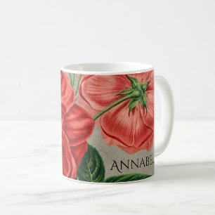 Antique Red Rose Art on Grey Personalised Coffee Mug
