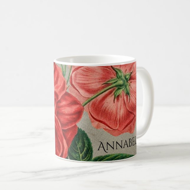 Antique Red Rose Art on Grey Personalised Coffee Mug (Front Right)