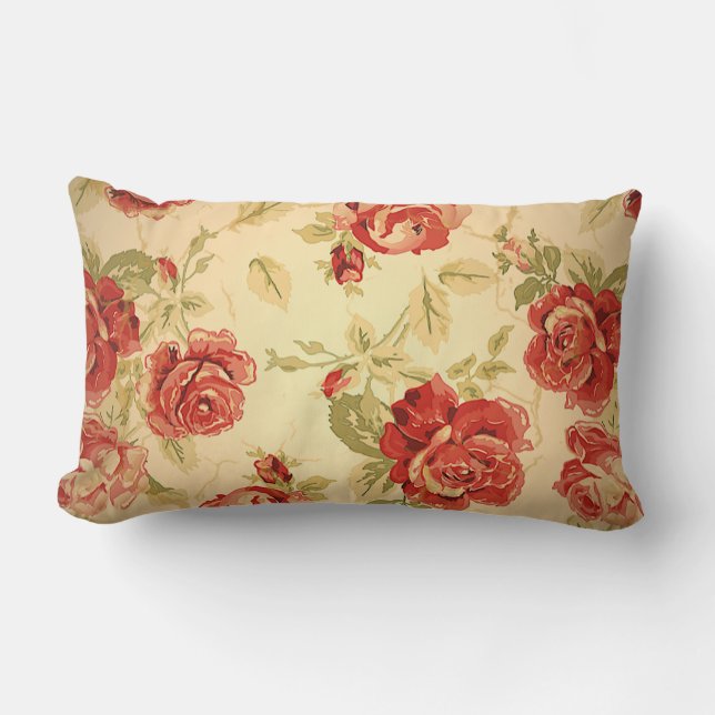Antique red rose print lumbar cushion (Front)