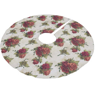 Antique Red Rose Wallpaper Brushed Polyester Tree Skirt