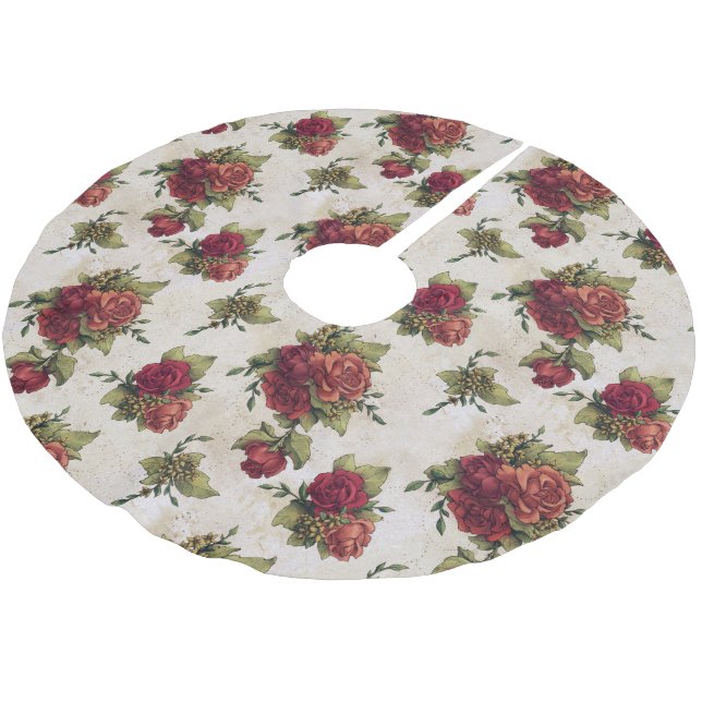 Antique Red Rose Wallpaper Brushed Polyester Tree Skirt (Angled)