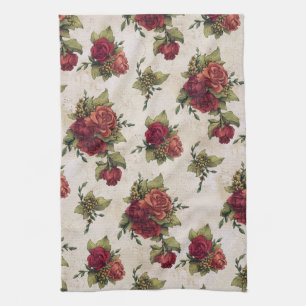 Antique Red Rose Wallpaper Tea Towel