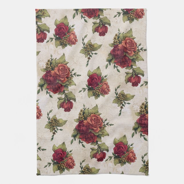 Antique Red Rose Wallpaper Tea Towel (Vertical)