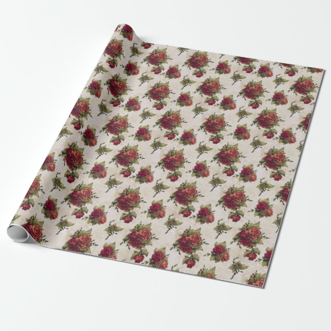 Antique Red Rose Wallpaper Wrapping Paper (Unrolled)