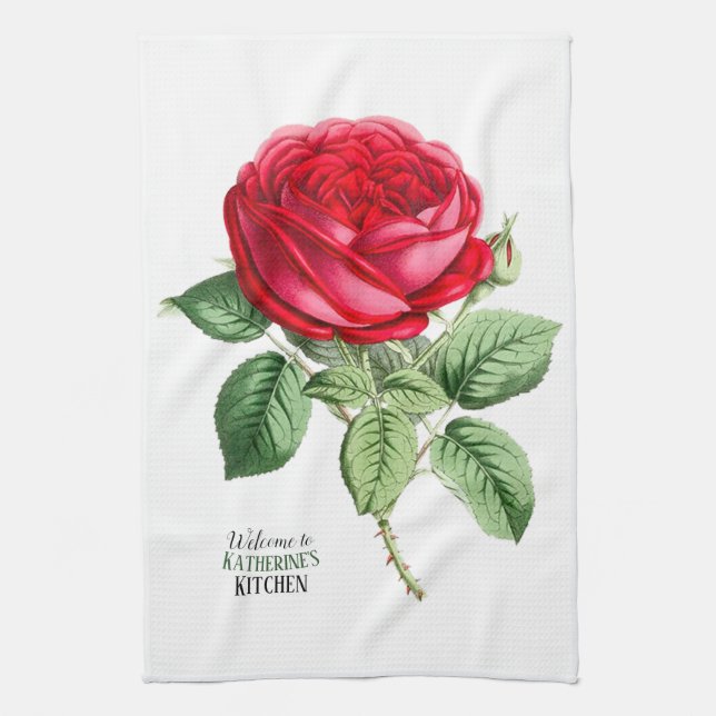 Antique Red Rose - Your Choice of Text Tea Towel (Vertical)