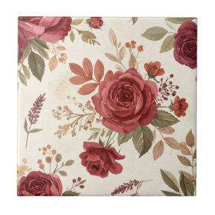 Antique Red Roses and Olive Botanical Vines Tile