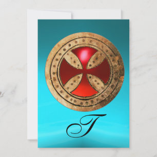 ANTIQUE RED RUBY CROSS  BLUE BLACK DAMASK MONOGRAM INVITATION