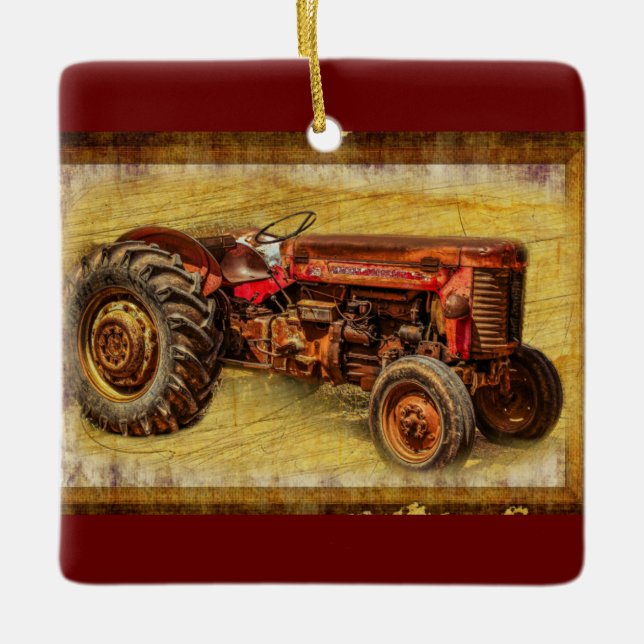 Antique Red Tractor Ceramic Ornament (Front)