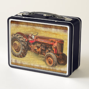 Antique Red Tractor Metal Lunch Box