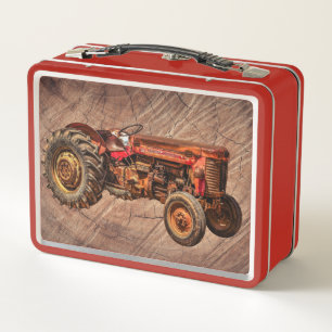 Antique Red Tractor Metal Lunch Box